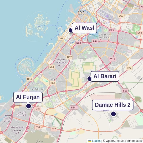 خريطة دبي توضح كينغز الوصل شمالاً، والبراري في الوسط، والفرجان جنوب غرب، وداماك هيلز 2 جنوب شرق.