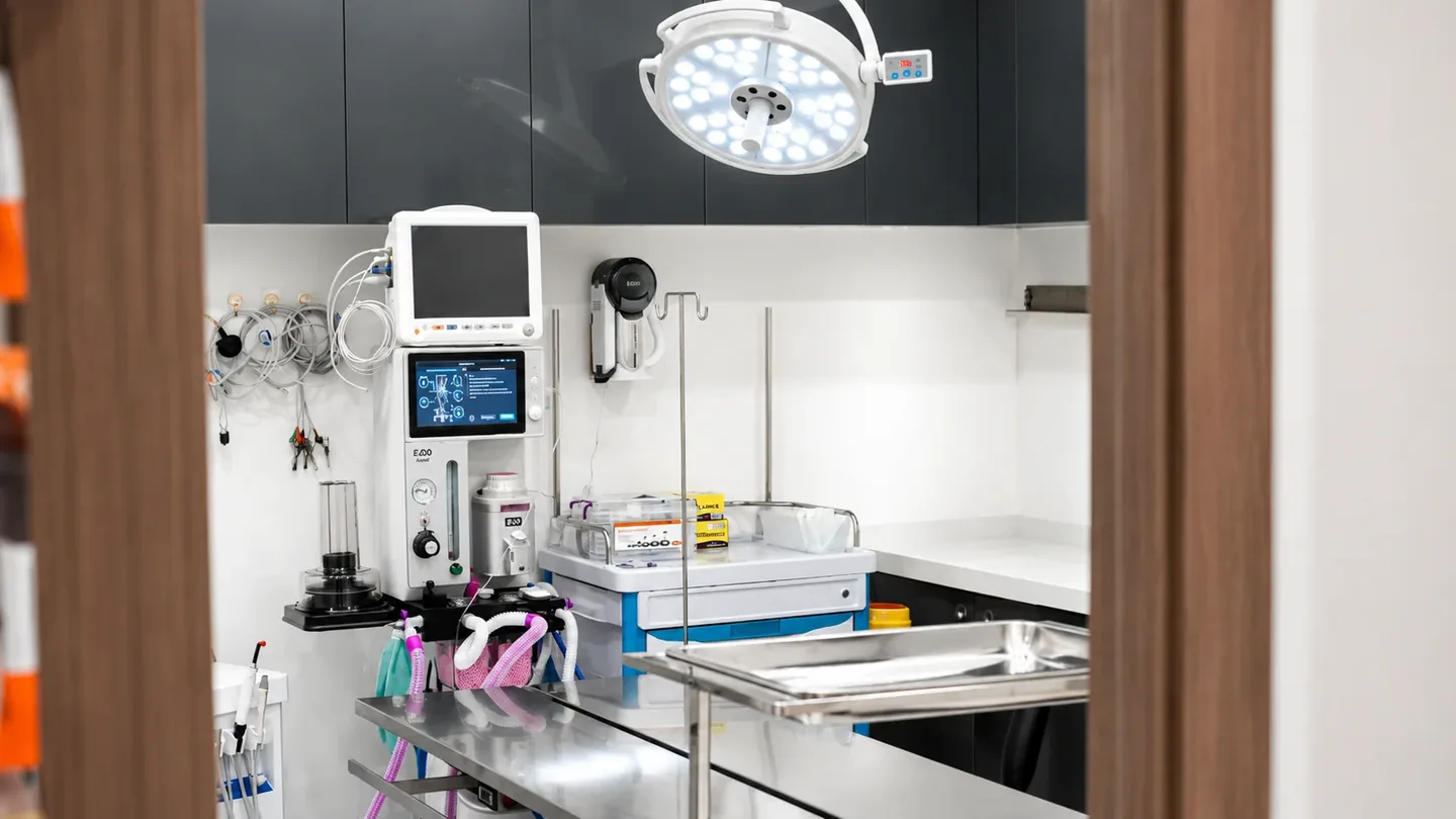 An empty treatment room with surgical lighting and monitoring equipment at Kings
