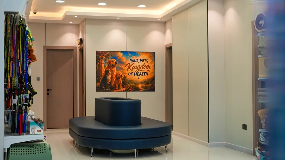 A softly lit Kings waiting area with seating and pet accessories
